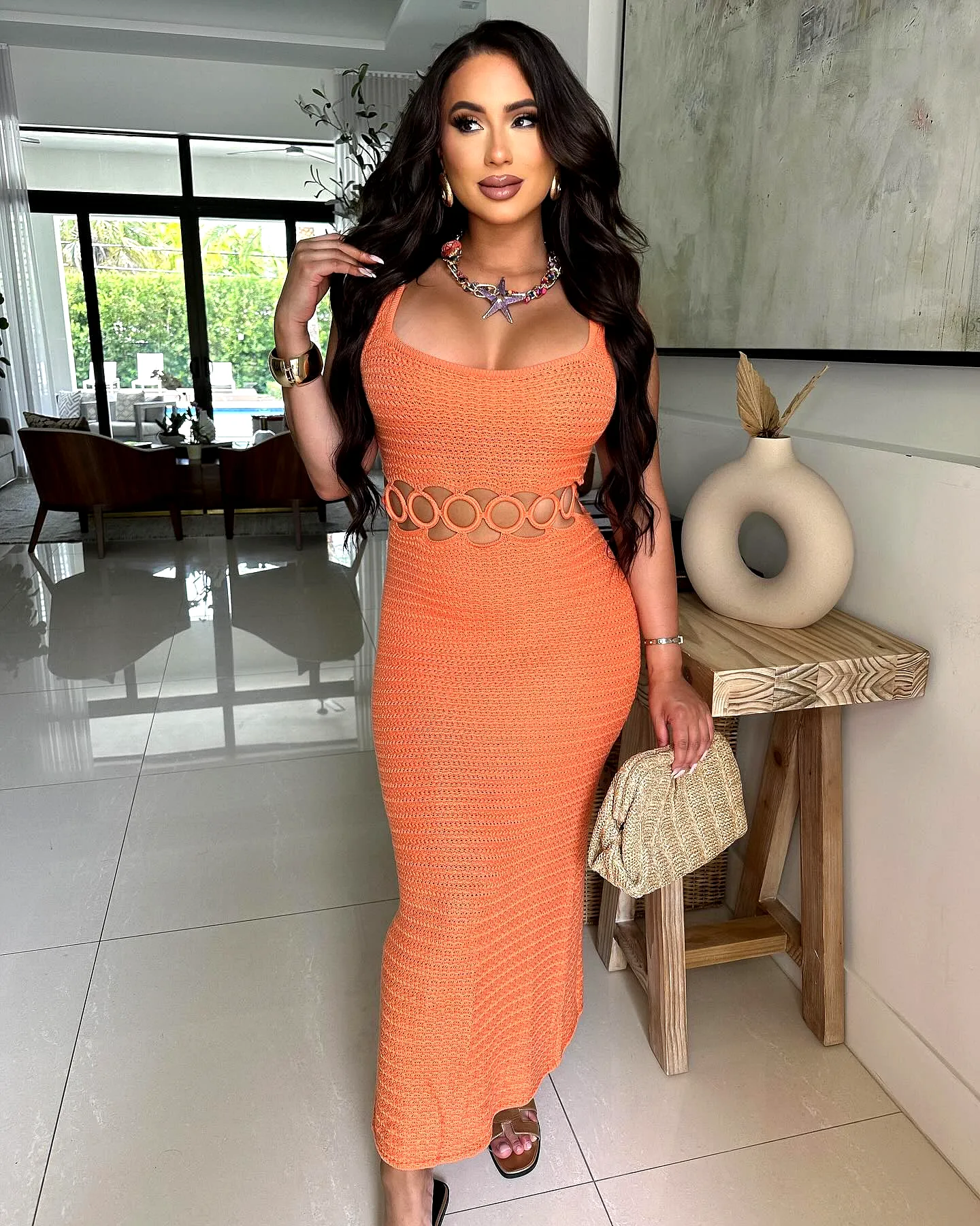Chic Orange Crochet Dress with Ribbed Texture and Stylish Open Waist Design