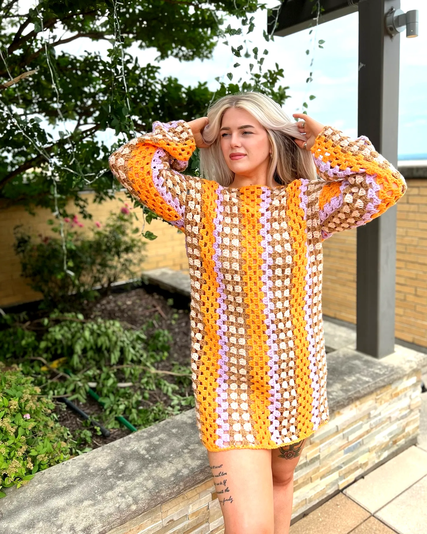 Cozy Orange Crochet Dress in Colorful Granny Square Pattern for Casual Outings