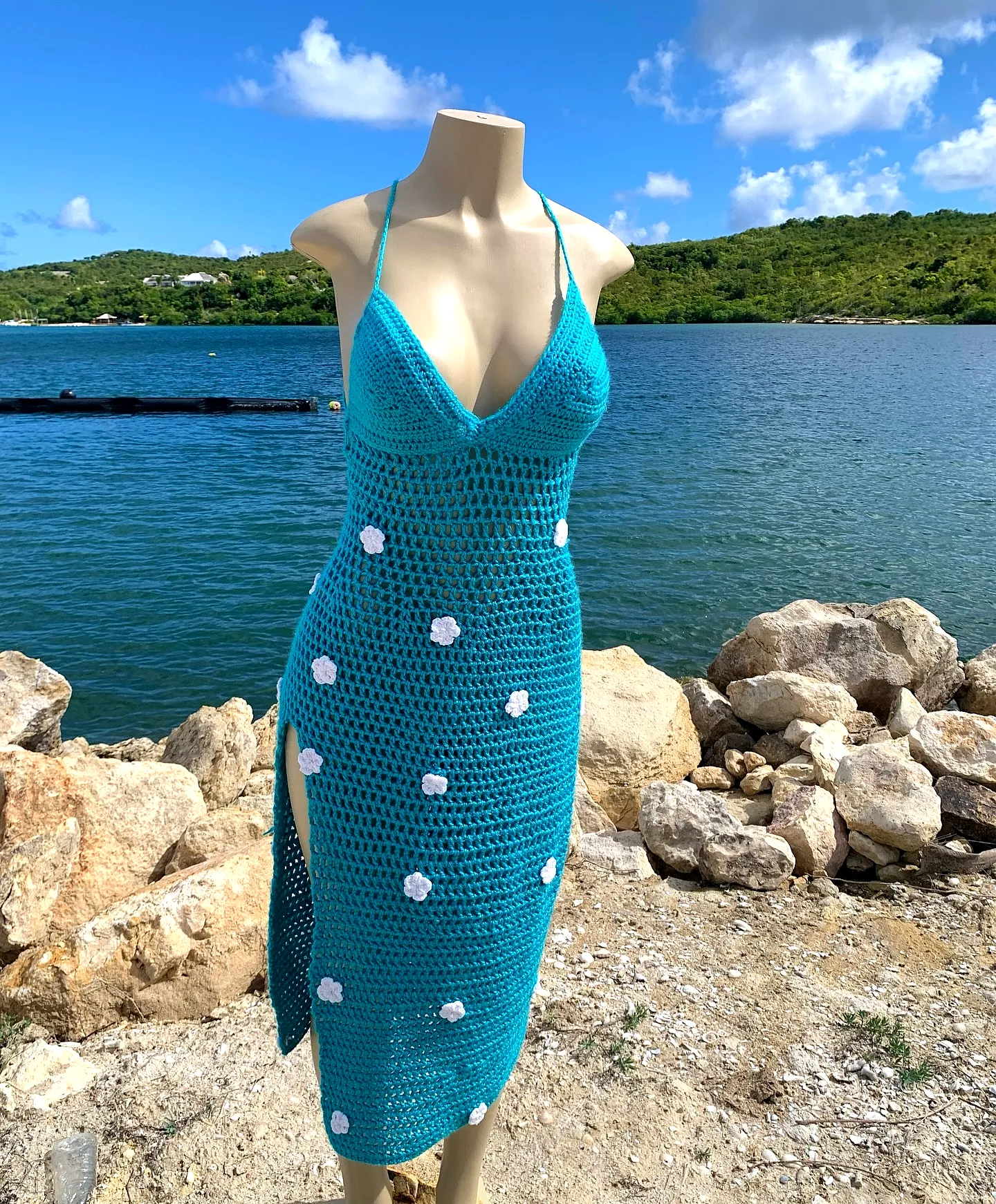 Elegant Blue Crochet Dress with Open Pattern and Floral Appliques for Summer