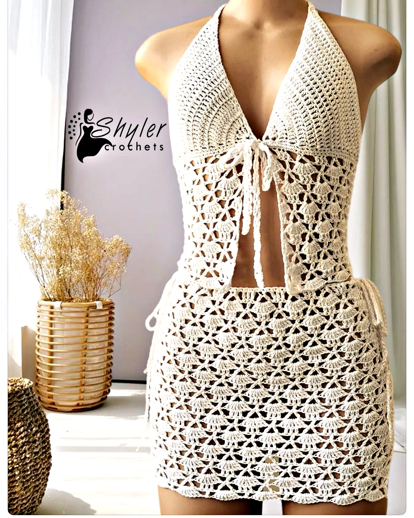 Elegant White Crochet Dress in Soft Cream with Halter Design and Intricate Lace