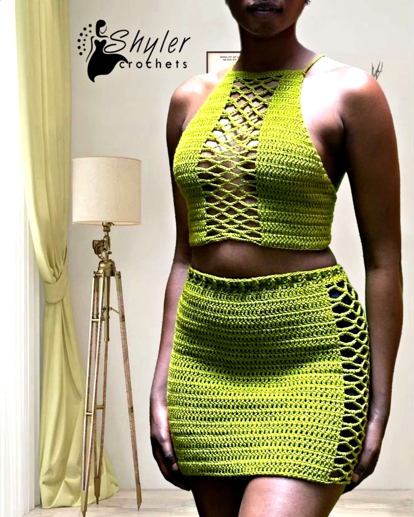 Stylish Green Crochet Skirt with Halter Crop Top in Intricate Openwork Design