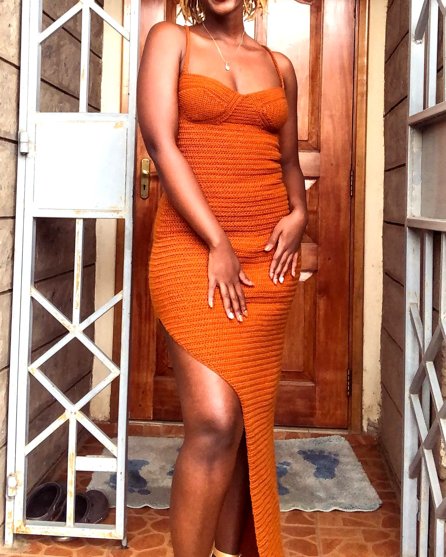 Stylish Orange Crochet Dress with Elegant Slit and Textured Pattern for Every Occasion