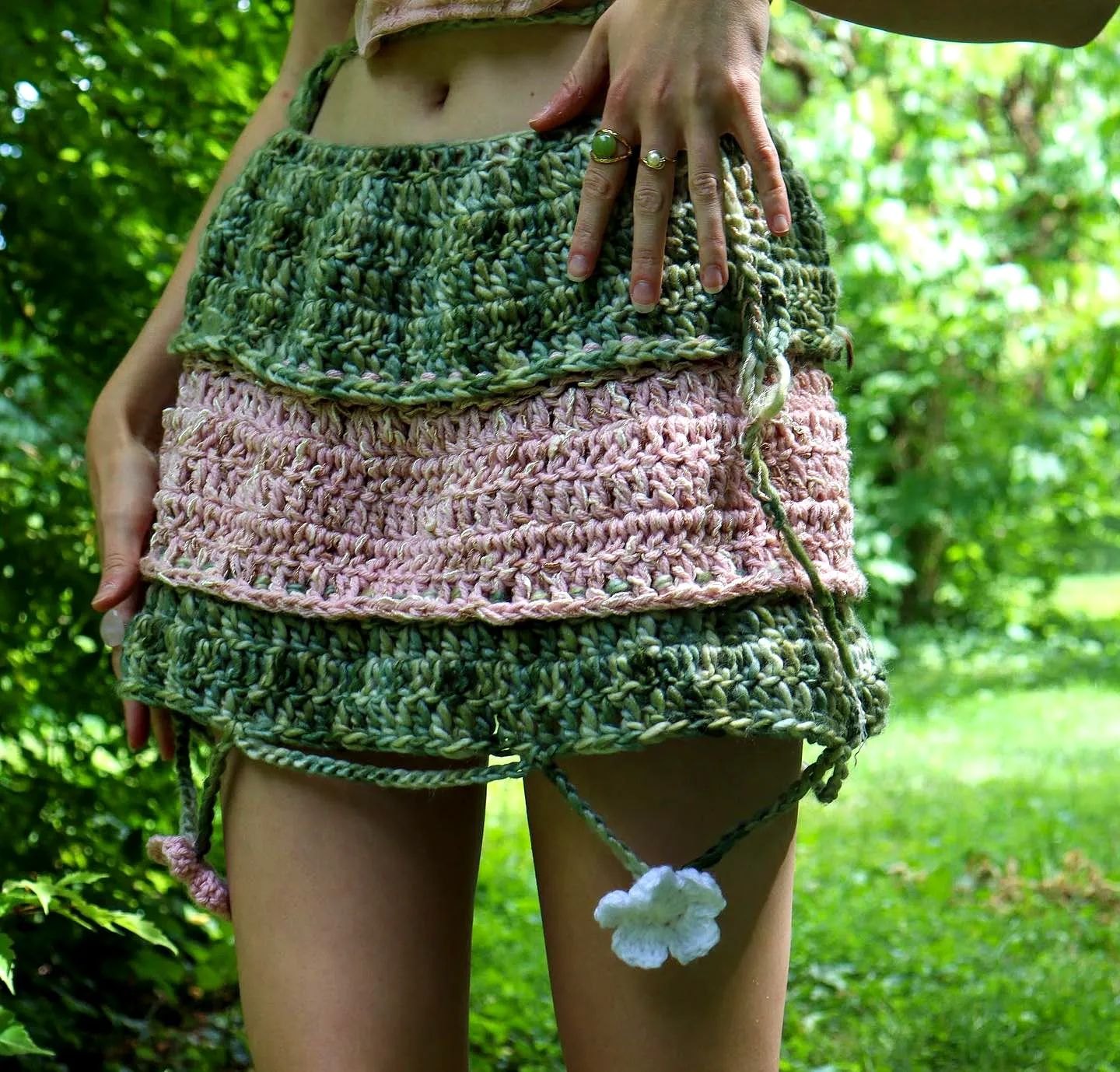 Trendy Green Crochet Skirt in Playful Tiered Design with Unique Textured Yarn