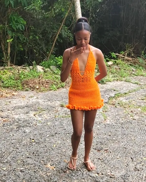 Trendy Orange Crochet Dress with Plunging Neckline and Ruffled Hem