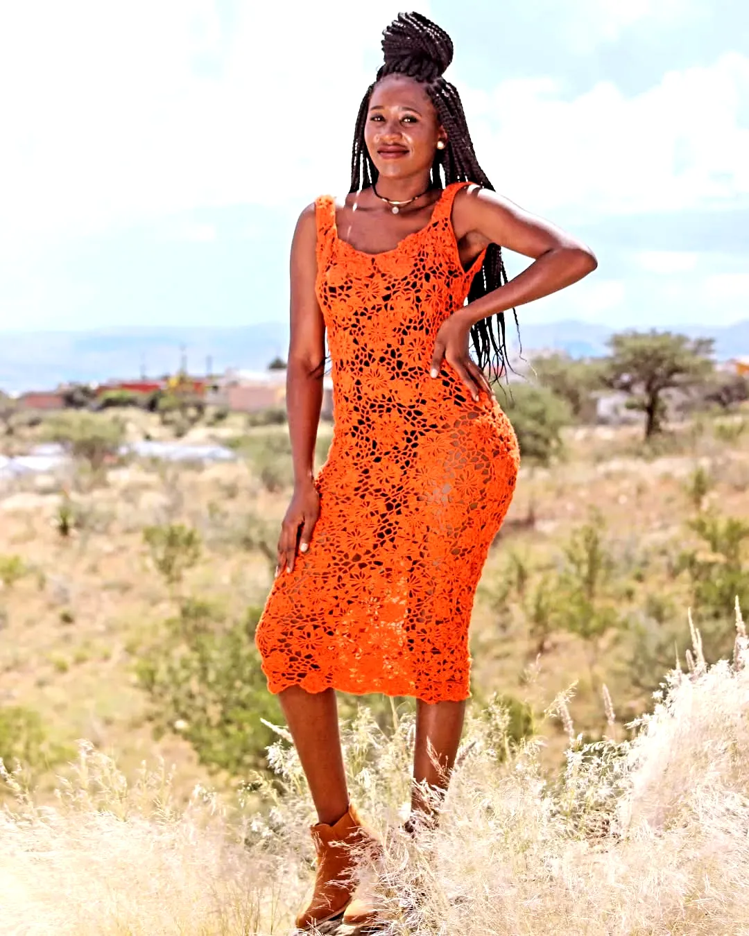 Vibrant Orange Crochet Dress in Trendy Lace Pattern for Summery Elegance