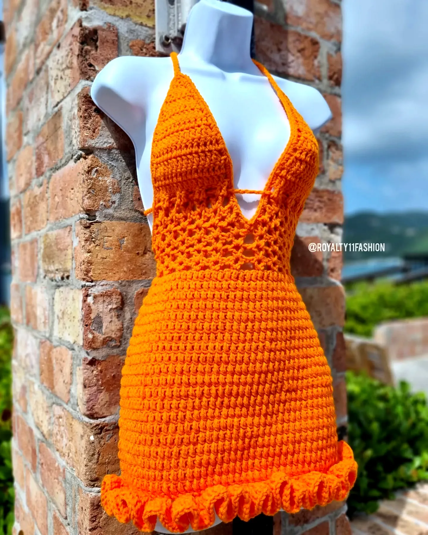 Vibrant Orange Crochet Dress with Halter Neck and Ruffled Hem for Summer Style