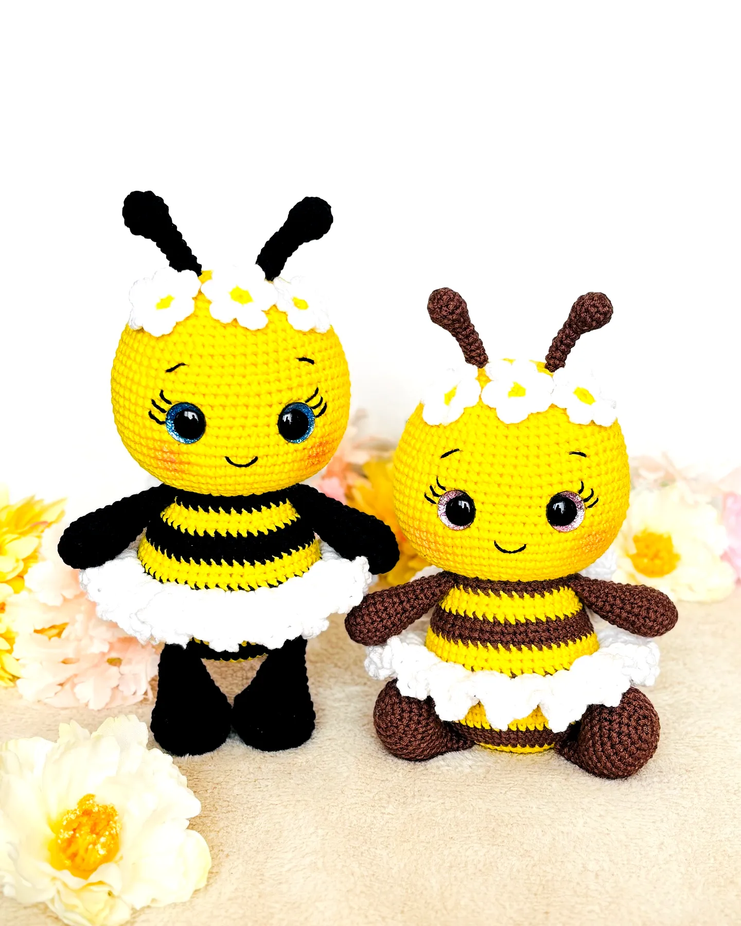 Adorable Crochet Amigurumi Bees with Flower Crowns in Soft Colors