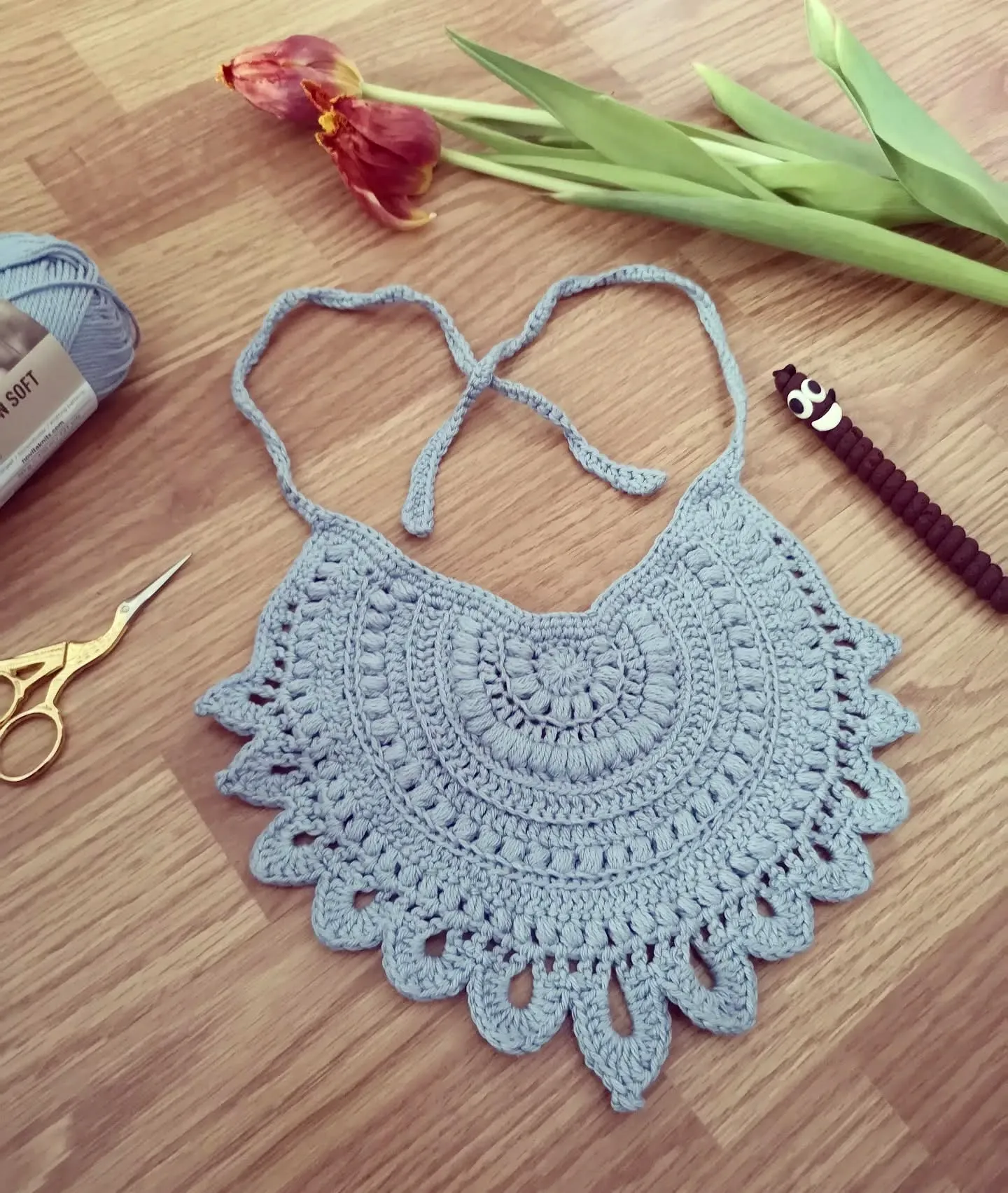 Adorable Crochet Baby Bib in Light Blue with Scalloped Edge
