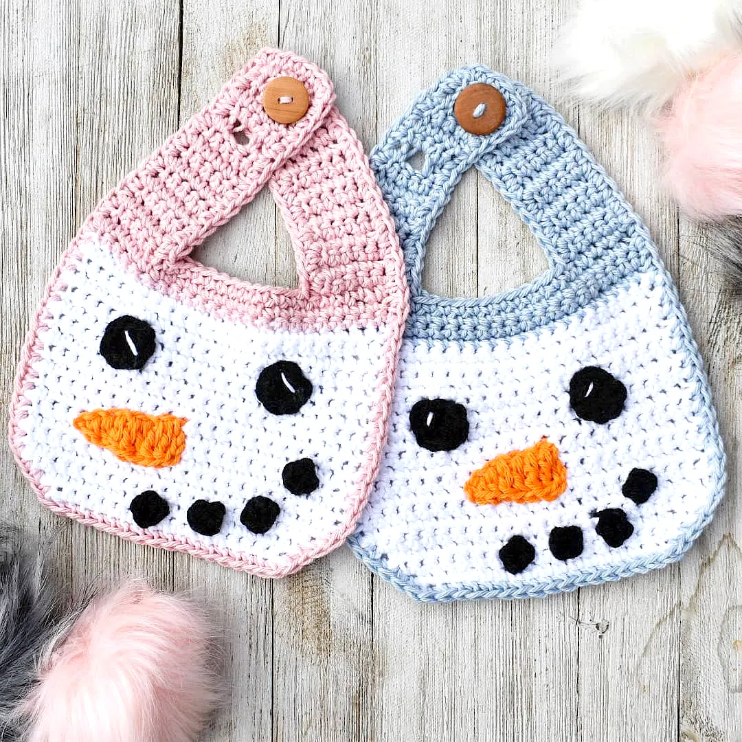 Adorable Crochet Baby Bib in Pastel Pink and Blue with Snowman