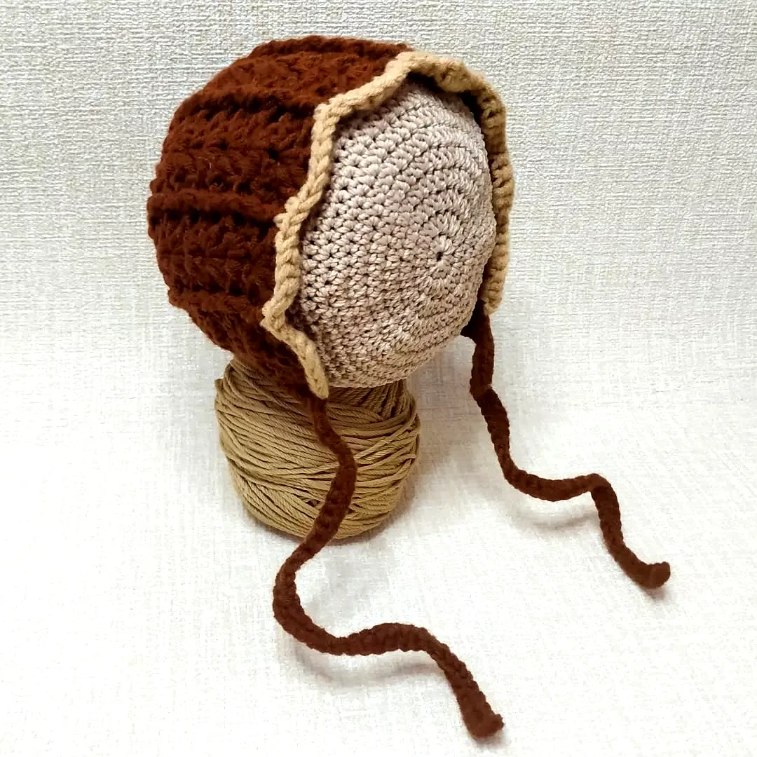 Adorable Crochet Baby Bonnet in Cozy Brown with Beige Trim