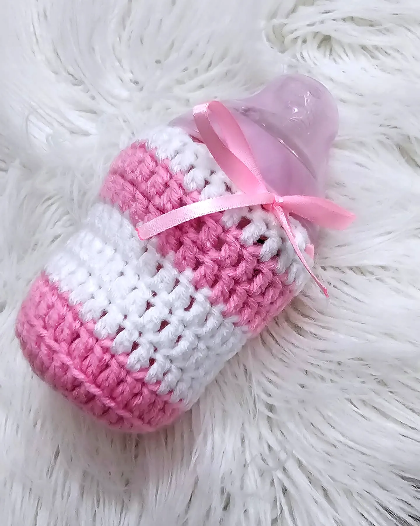 Adorable Crochet Baby Bottle Cover in Pink and White Stripes