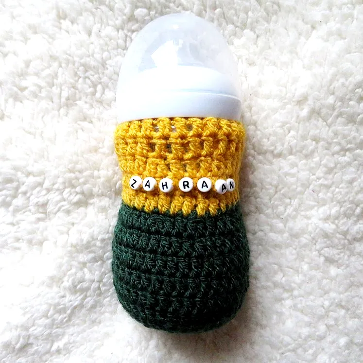 Adorable Crochet Baby Bottle Cover in Yellow and Green Stripes