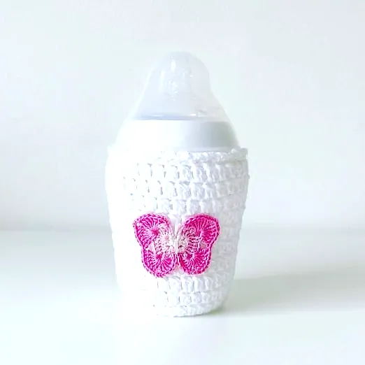 Adorable Crochet Baby Bottle Cover with Butterfly Design in Pink
