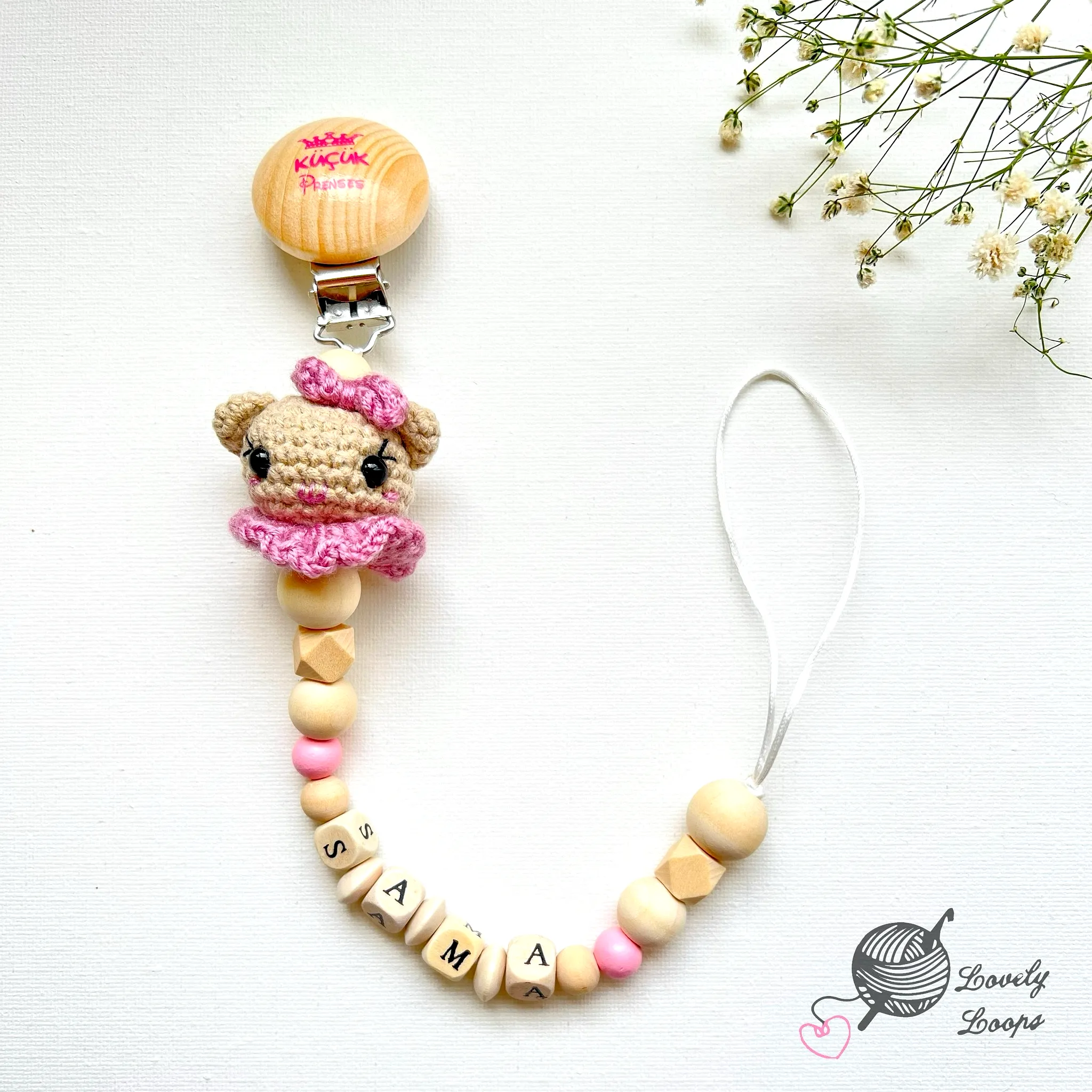 Adorable Crochet Baby Pacifier Holder in Pink Teddy Bear Style
