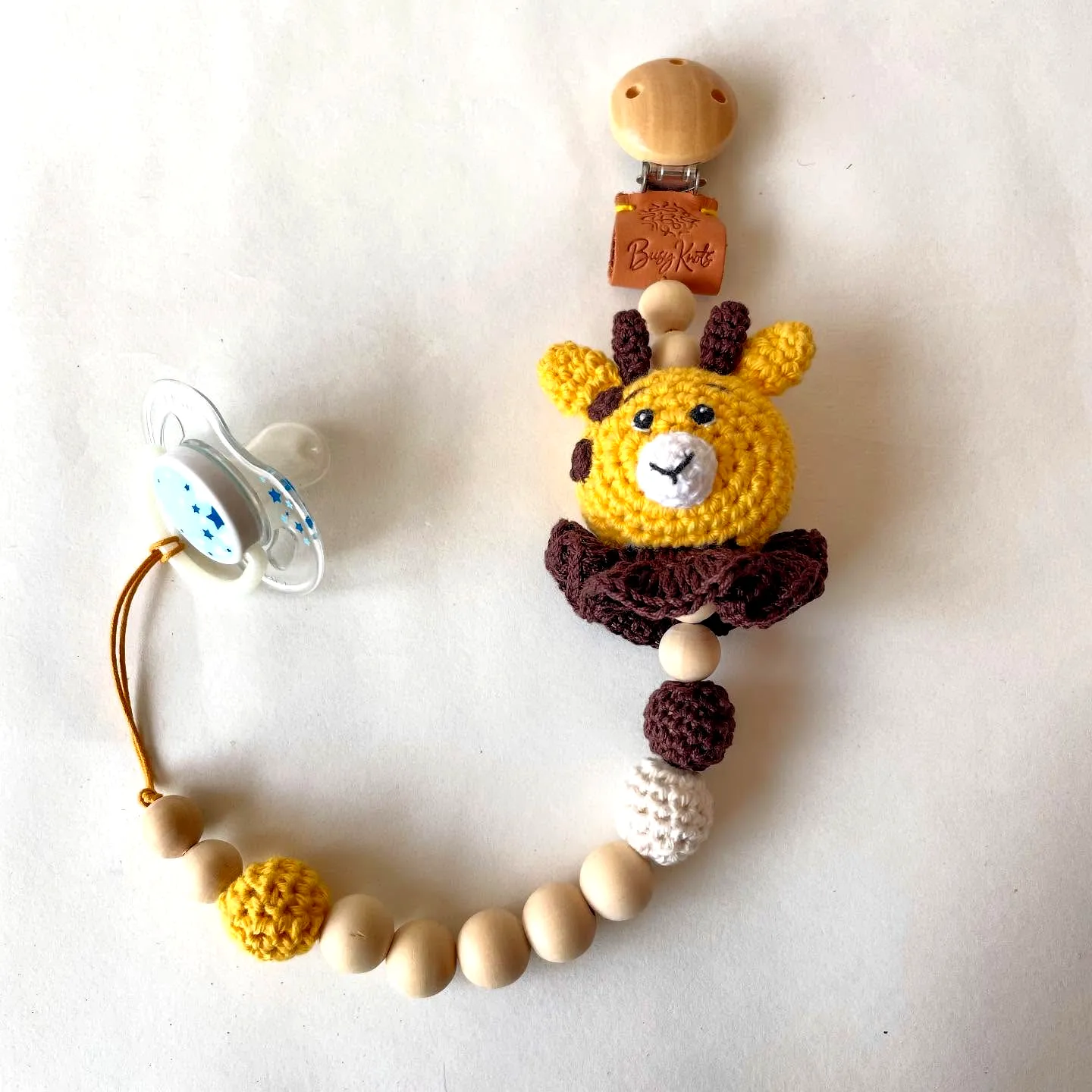 Adorable Crochet Baby Pacifier Holder in Yellow Giraffe Design
