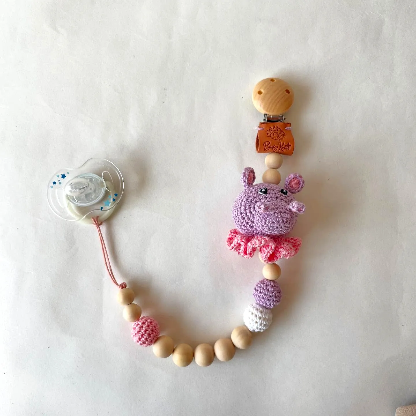 Adorable Crochet Baby Pacifier Holder with Pink Pig and Beads