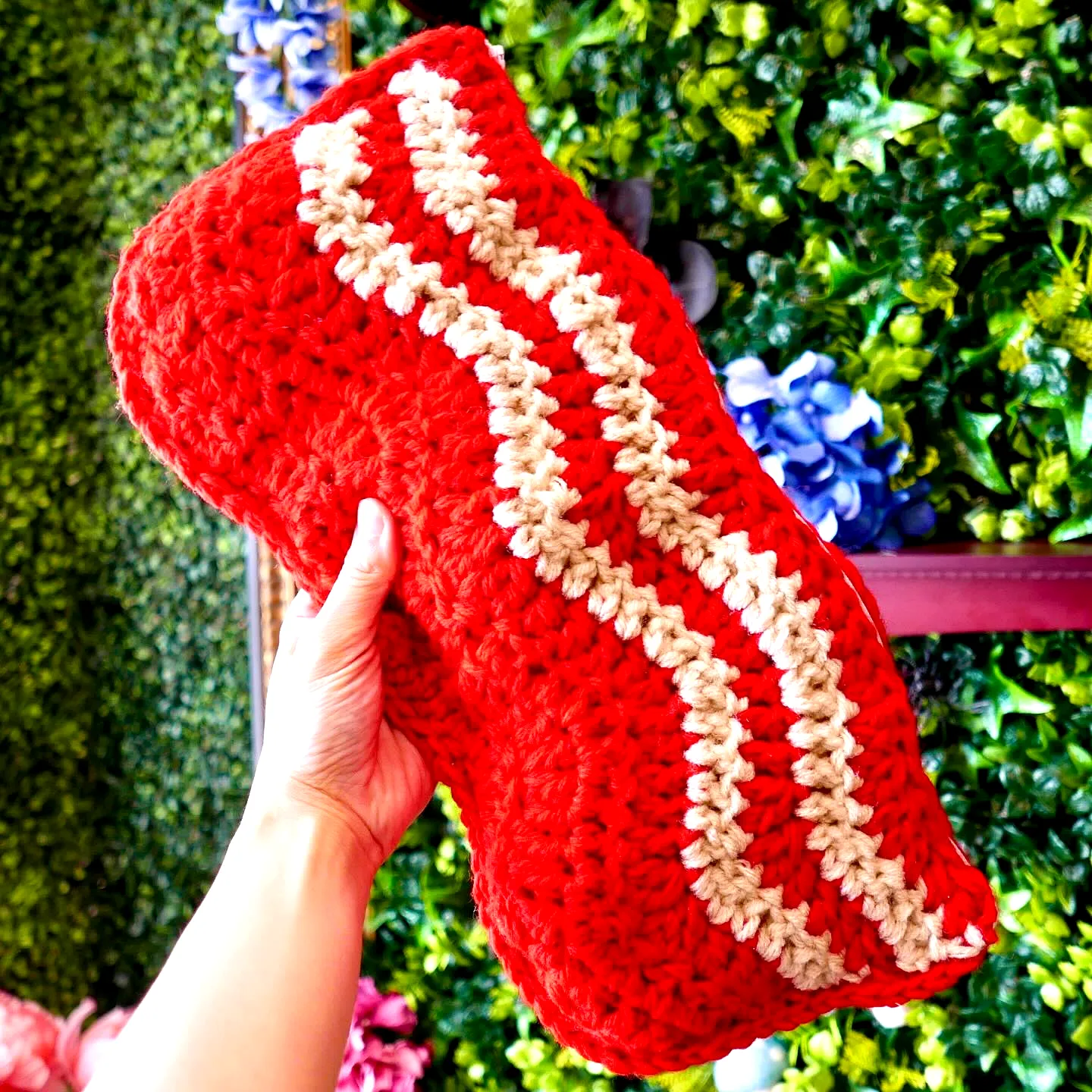 Adorable Crochet Bacon in Vibrant Red and Beige Yarn