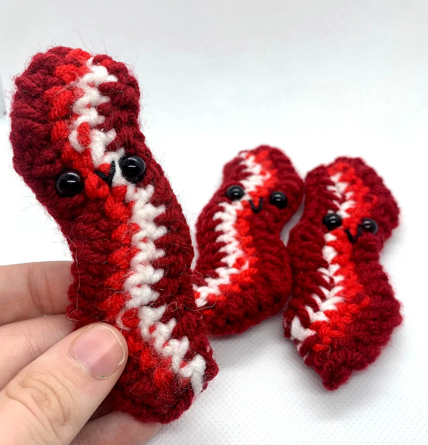 Adorable Crochet Bacon in Vibrant Red and White Yarn