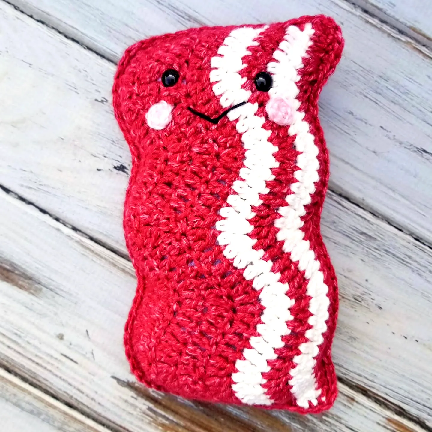 Adorable Crochet Bacon Plush Toy in Deep Red and White Stripes