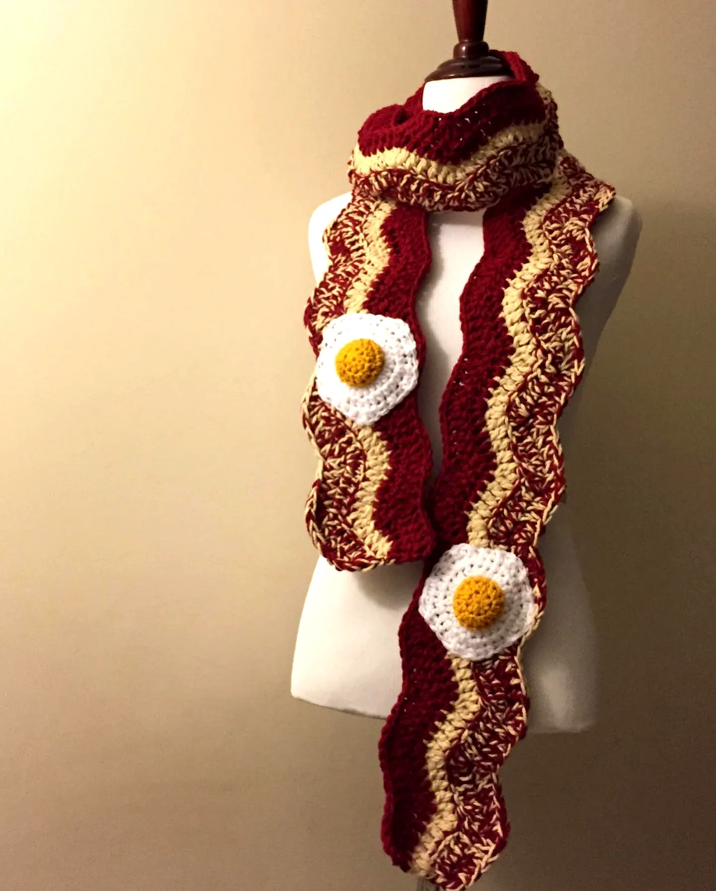 Adorable crochet bacon scarf in rich burgundy and cream