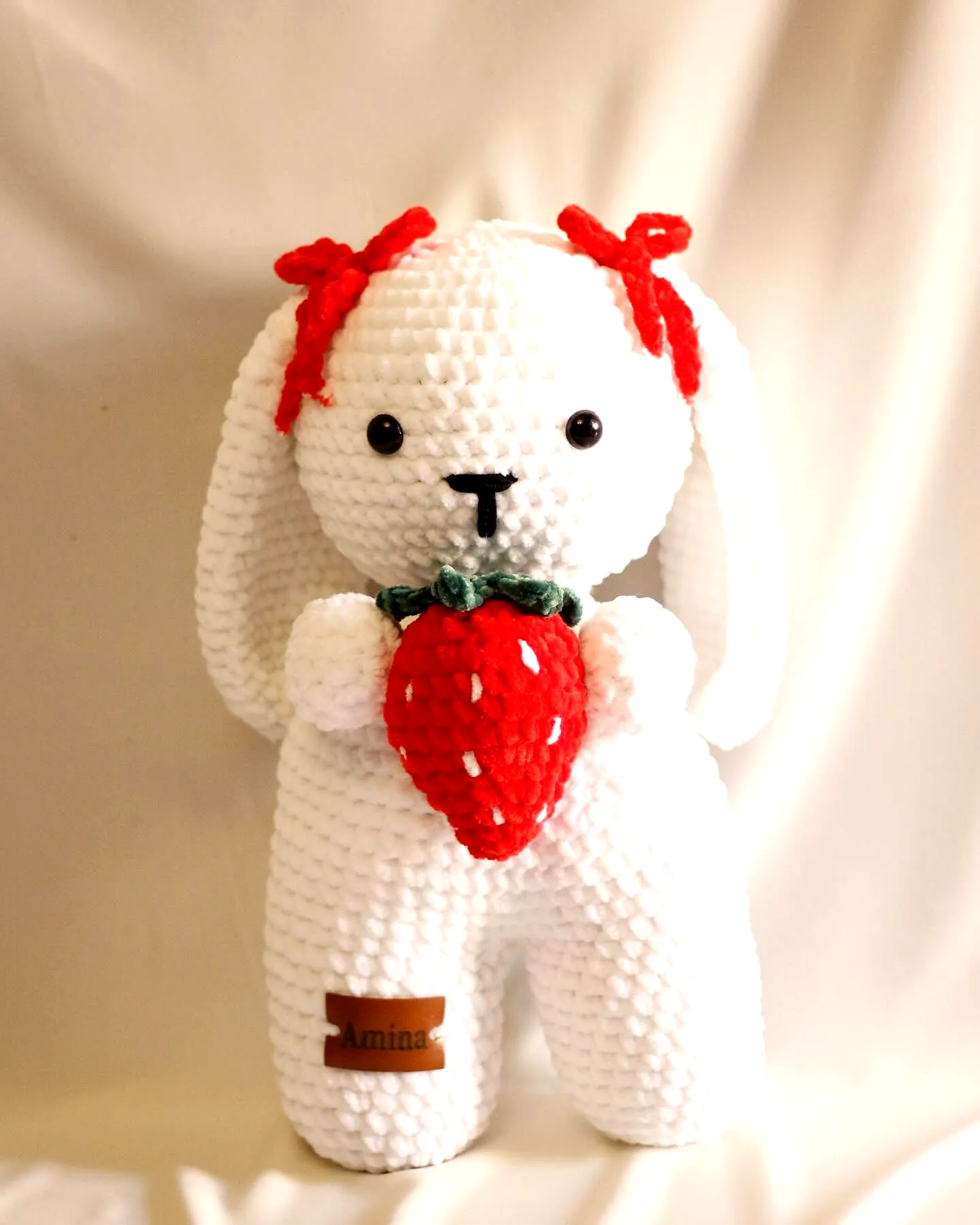 Adorable Crochet Bunny in Plush White with Red Accents