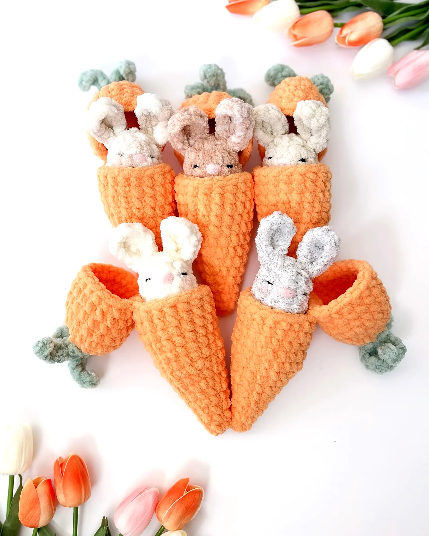 Adorable Crochet Bunny Set in Vibrant Carrot Pouches