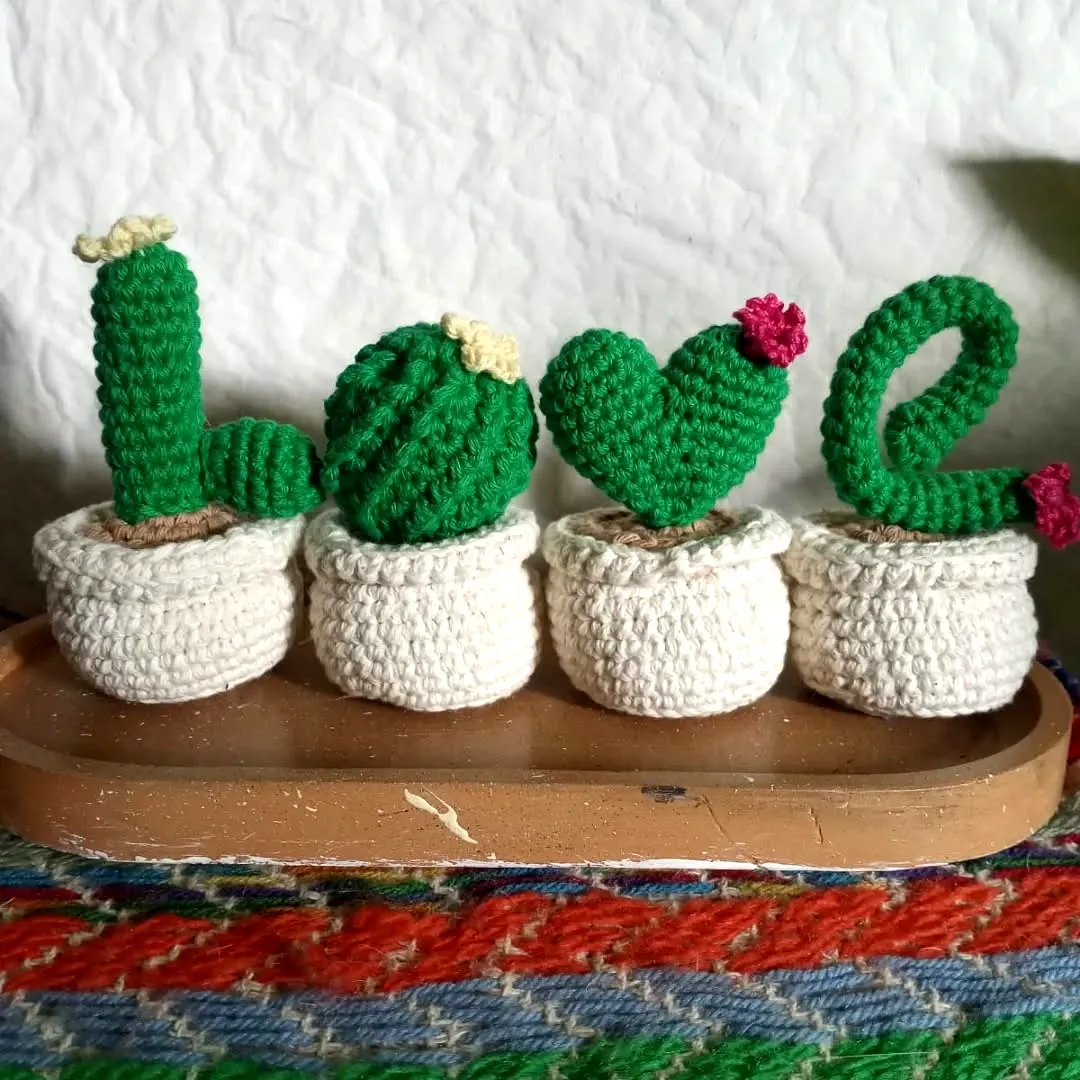 Adorable crochet cactus set in vibrant green with love decor