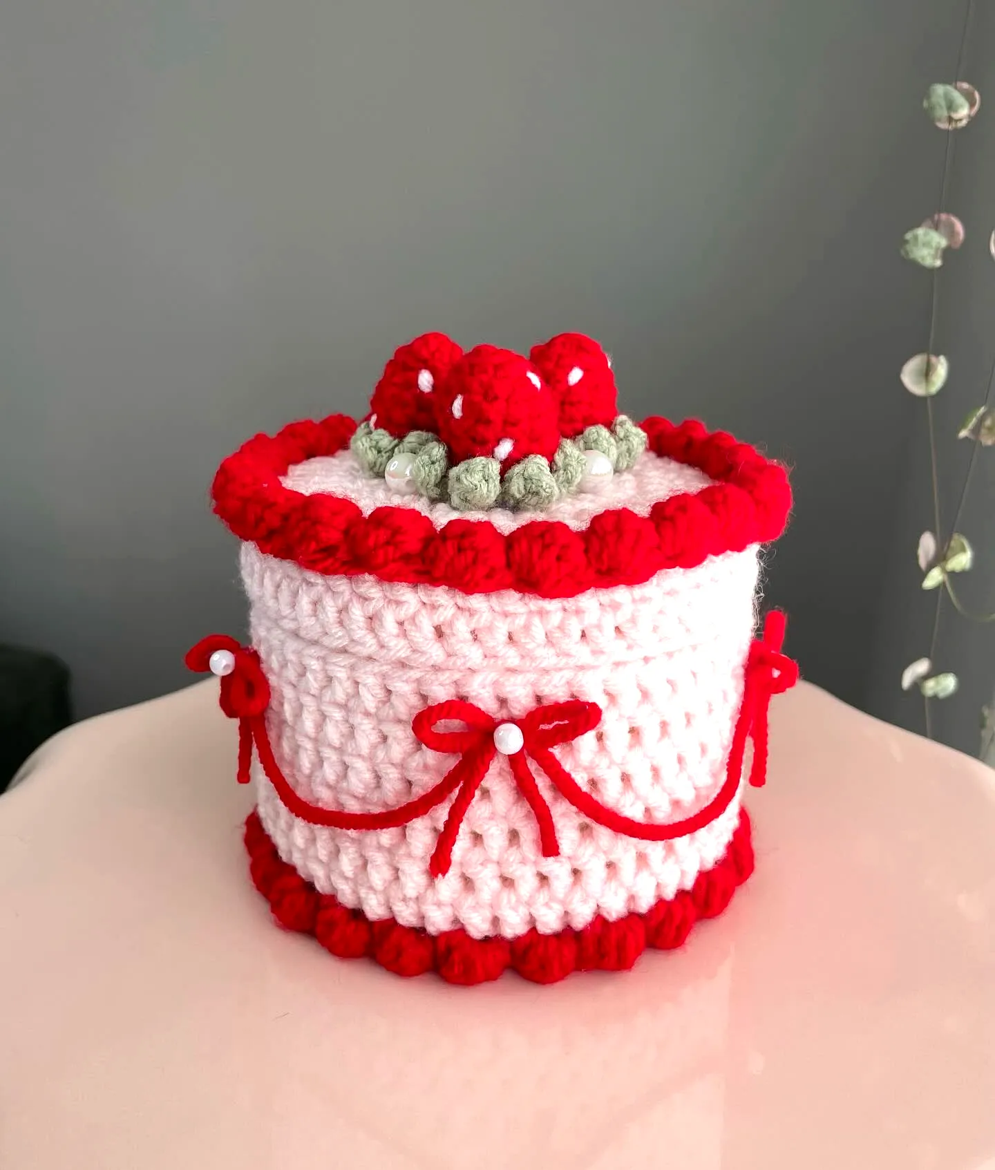 Adorable Crochet Cake Container in Pink with Red Accents