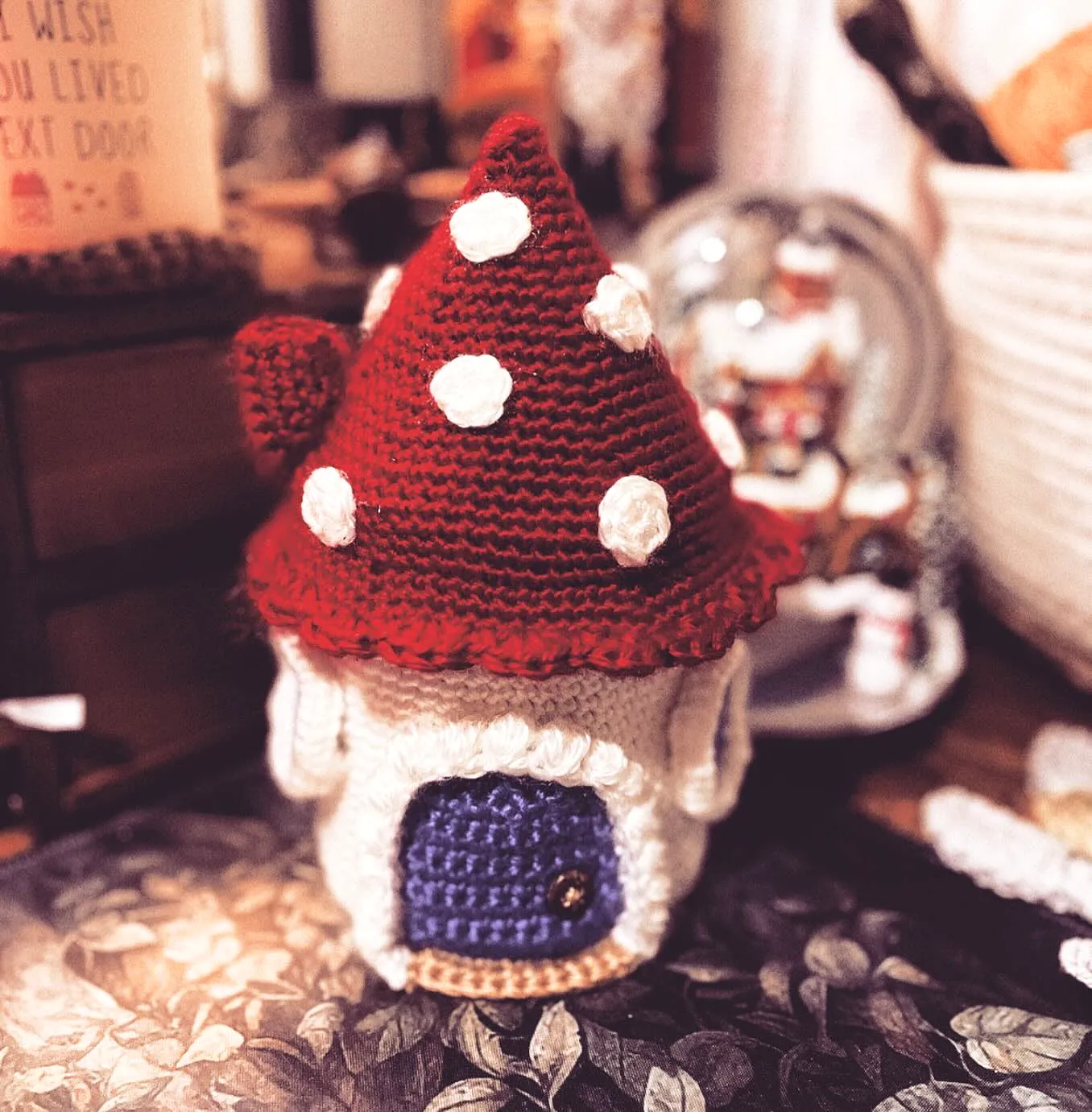 Adorable crochet candle holder in vibrant mushroom design
