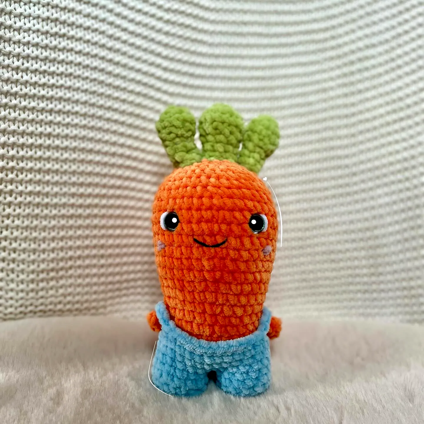Adorable Crochet Carrot with Stylish Blue Overalls and Green Leaf Tops