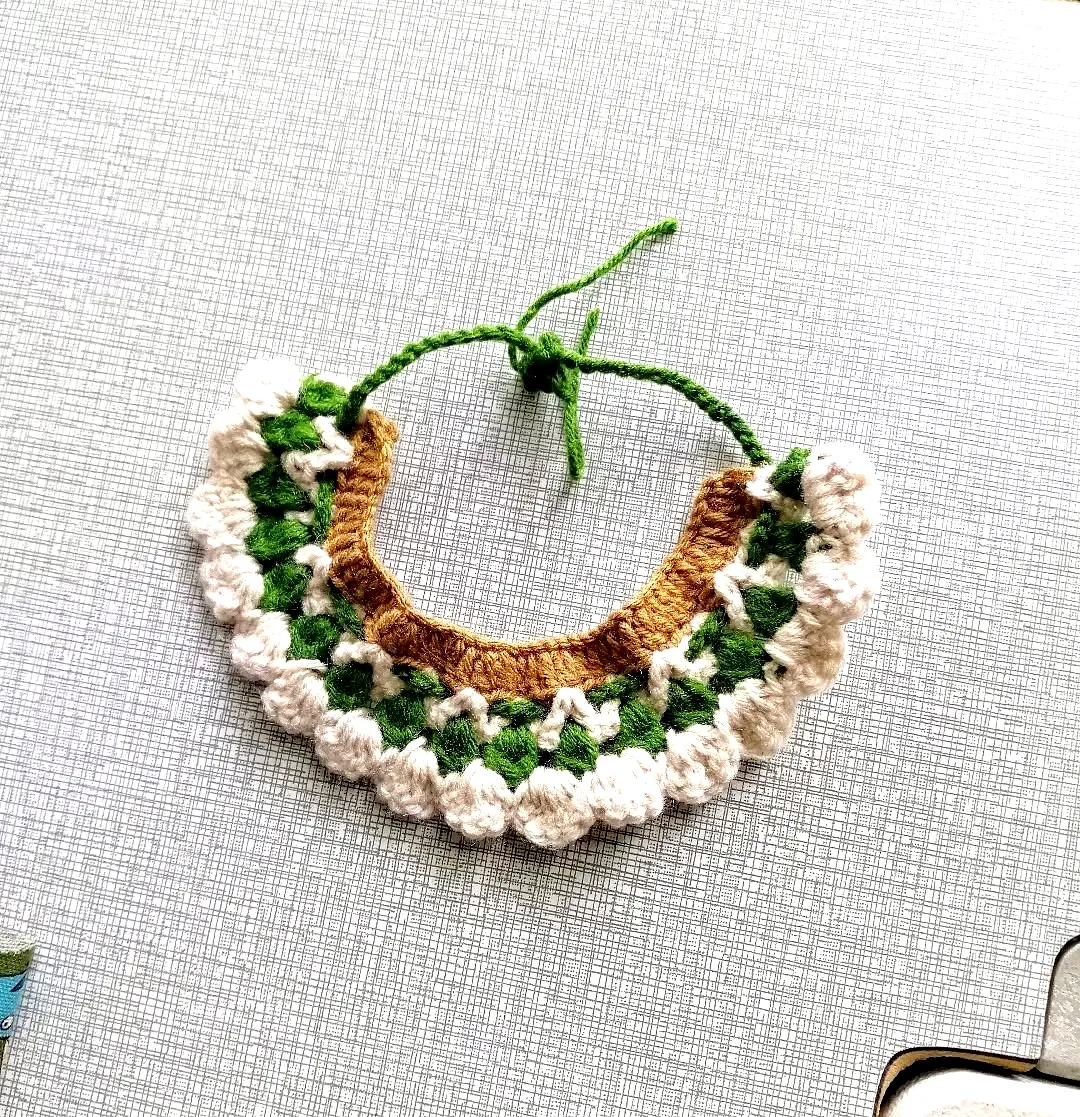 Adorable crochet cat collar in green beige and brown colors