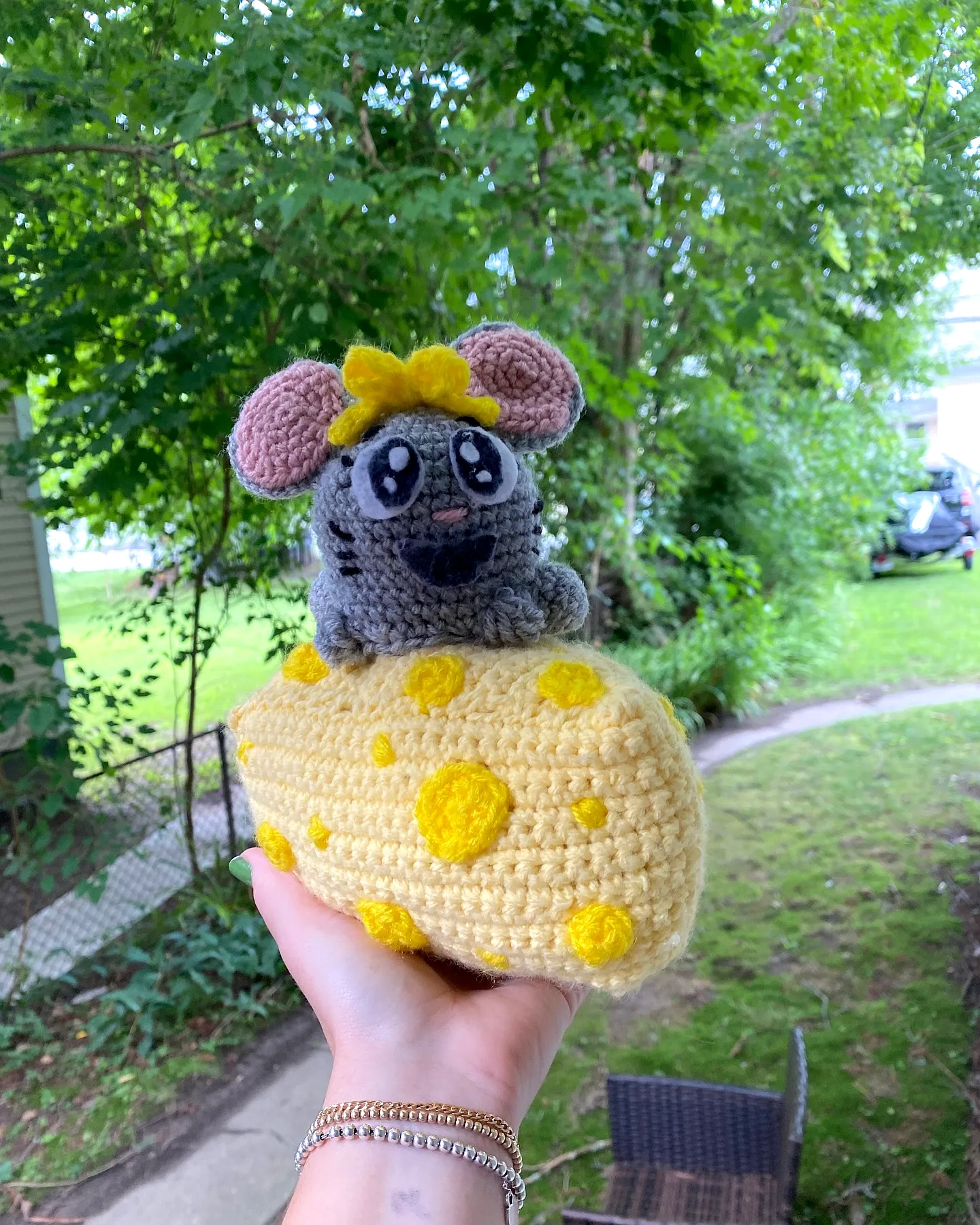 Adorable Crochet Cheese with Cheerful Mouse in Bright Yellow