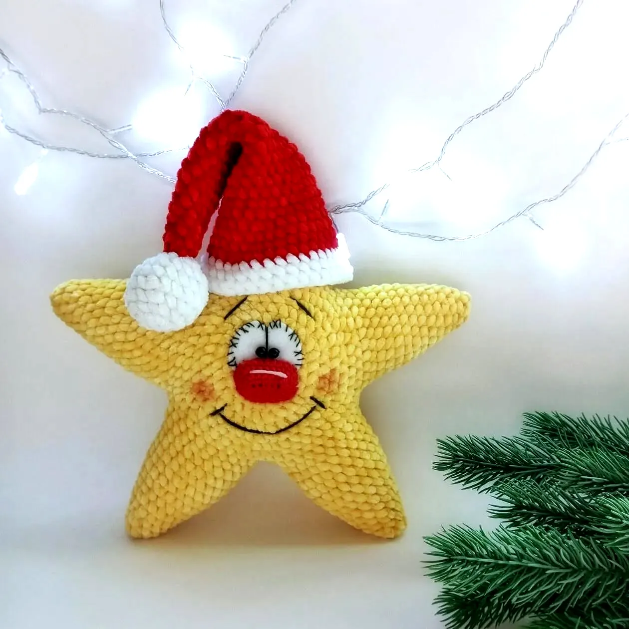 Adorable Crochet Christmas Star in Bright Yellow with Santa Hat