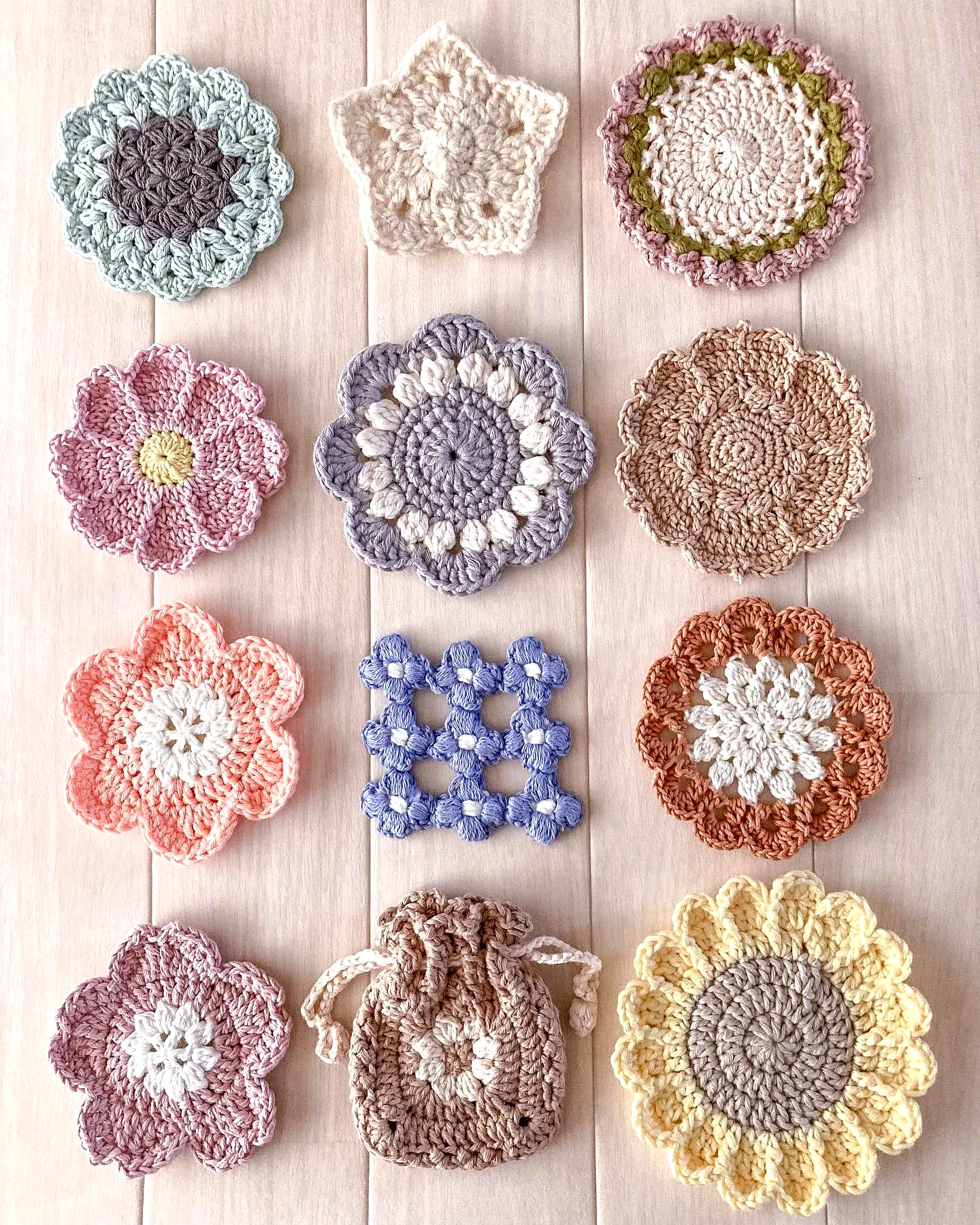 Adorable Crochet Coaster Set in Colorful Pastel Shapes