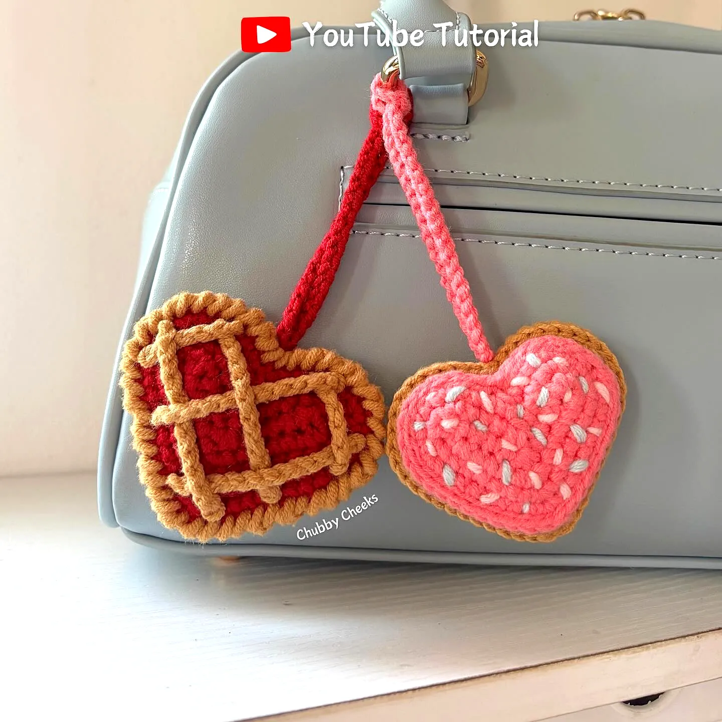 Adorable Crochet Cookie Charm in Warm Tan with Red and Pink Details