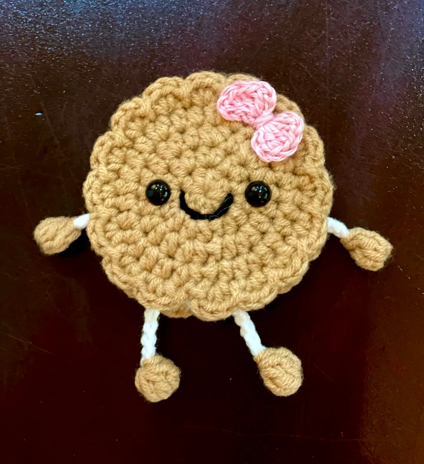 Adorable Crochet Cookie in Cookie Brown with Pink Bow for Intermediate Crocheters