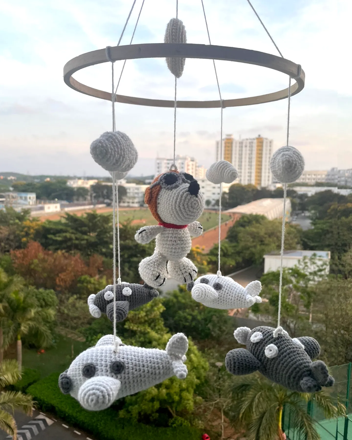 Adorable Crochet Crib Mobile in Grey and White with Dog and Fish