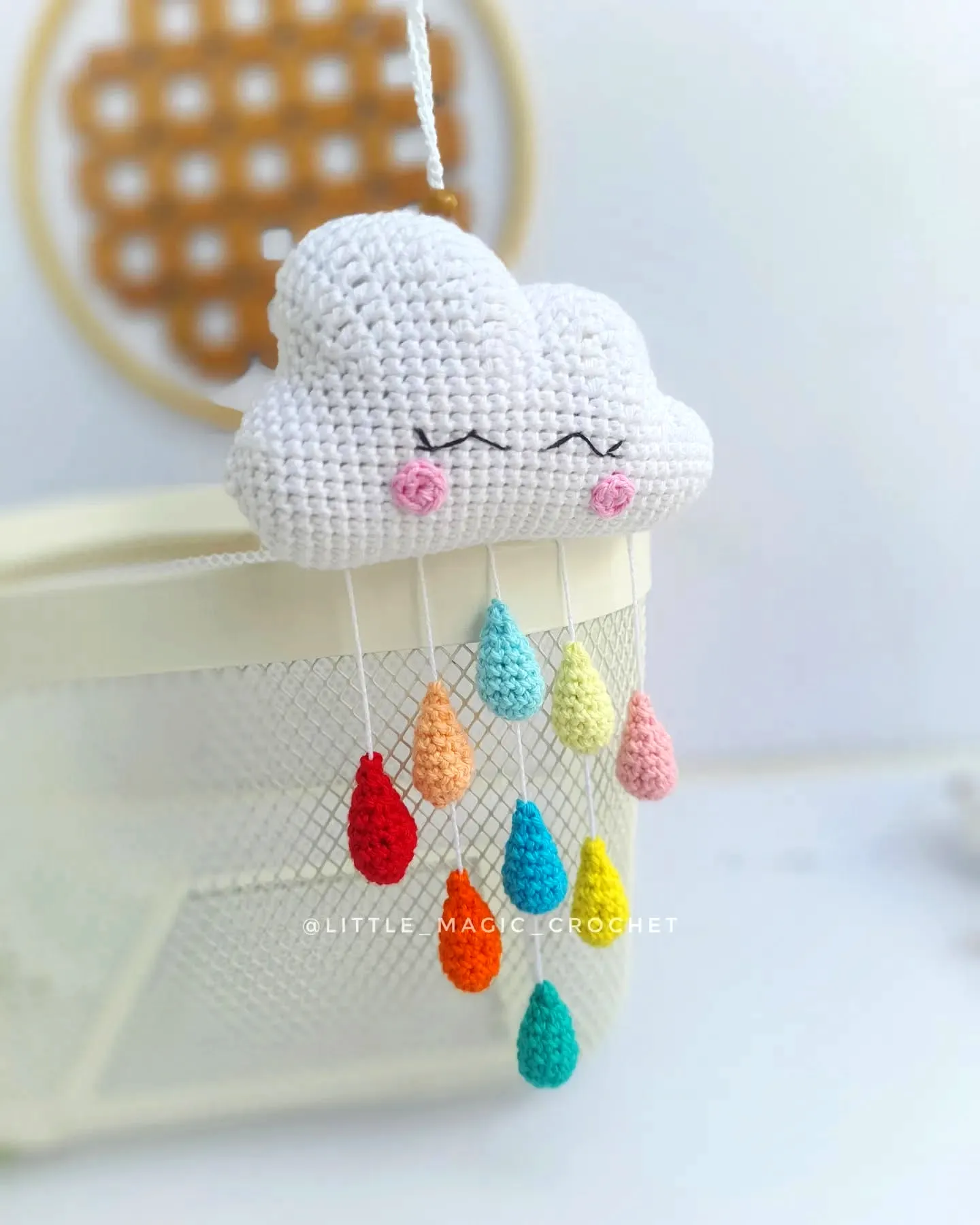Adorable Crochet Crib Mobile with Colorful Raindrops and Cloud