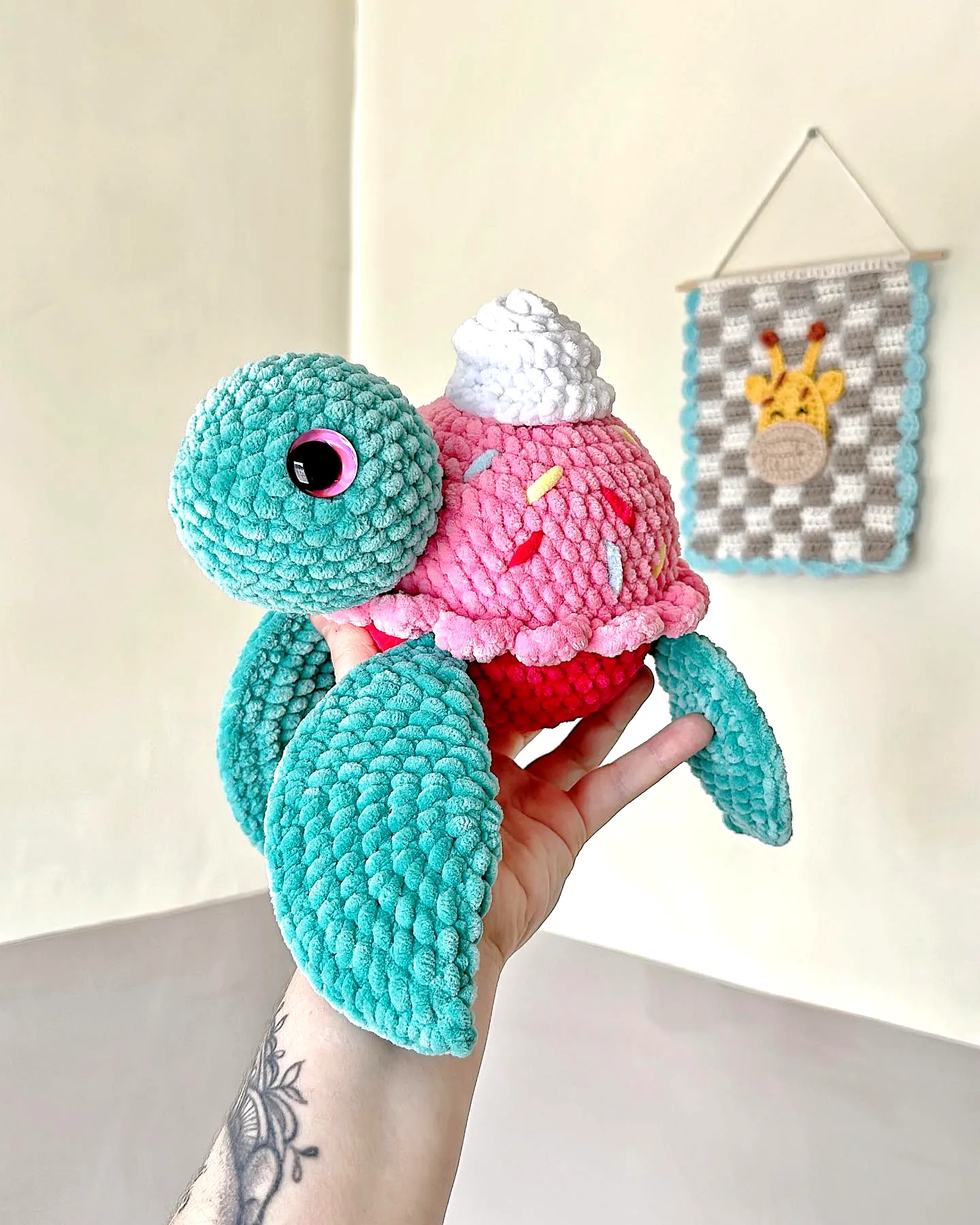 Adorable crochet cupcake plush toy with turtle design and colors