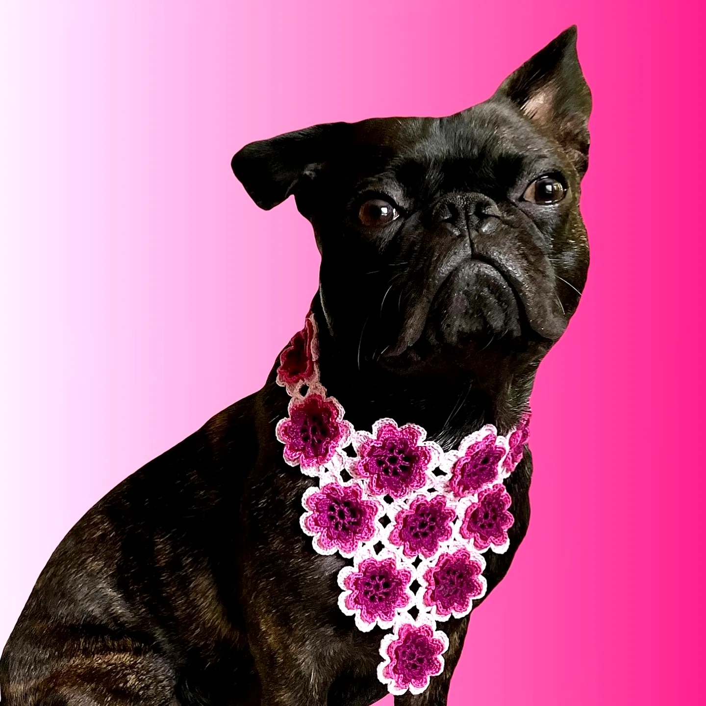 Adorable crochet dog bandana in pink and white floral design