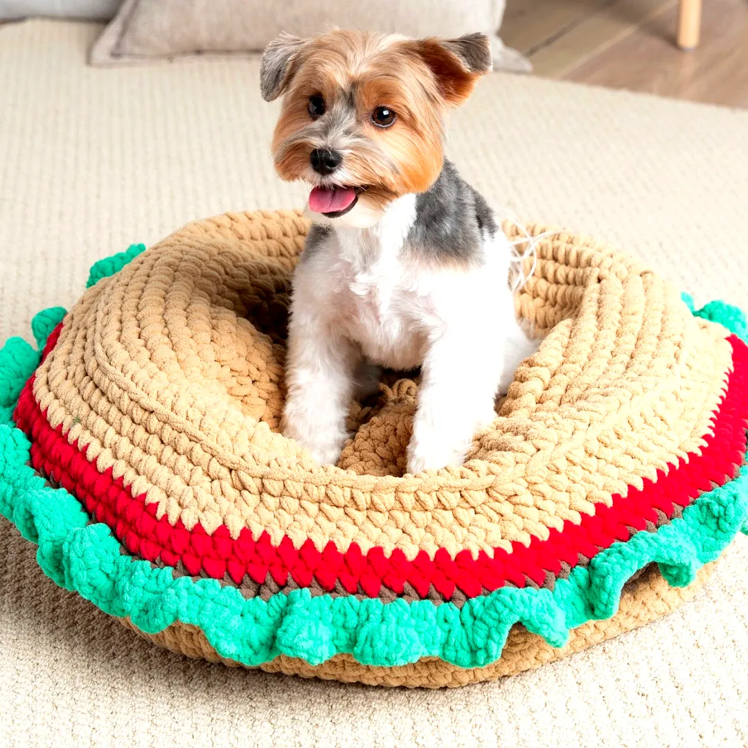 Adorable Crochet Dog Bed in Hamburger Style with Ruffled Edge