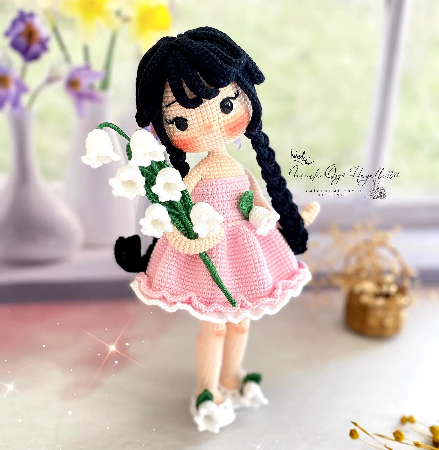 Adorable Crochet Doll in Pink Dress with Flower Accents