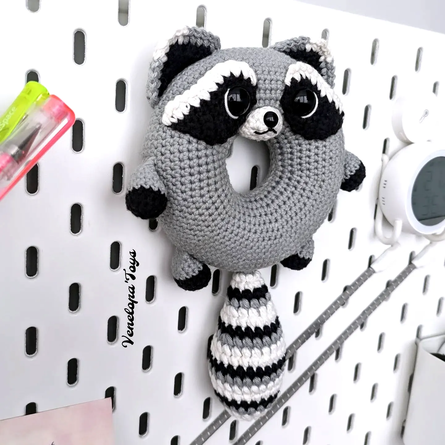 Adorable Crochet Donut Raccoon Stuffed Toy in Gray and Black
