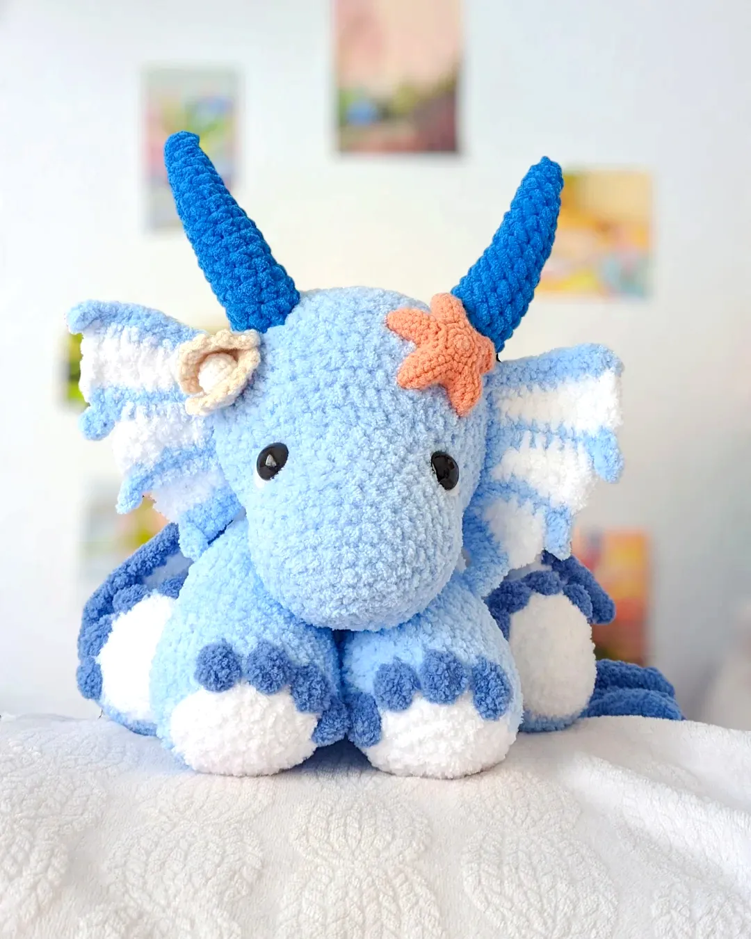Adorable Crochet Dragon in Light Blue and White Yarn