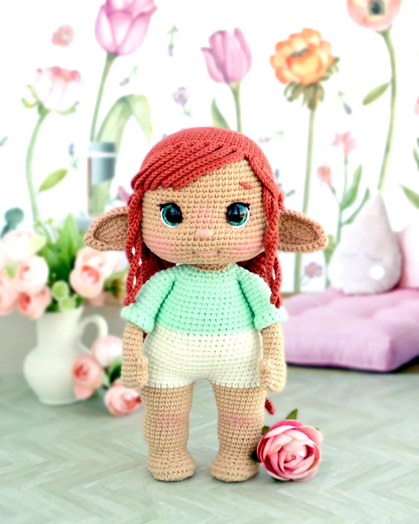 Adorable crochet elf doll in pastel colors