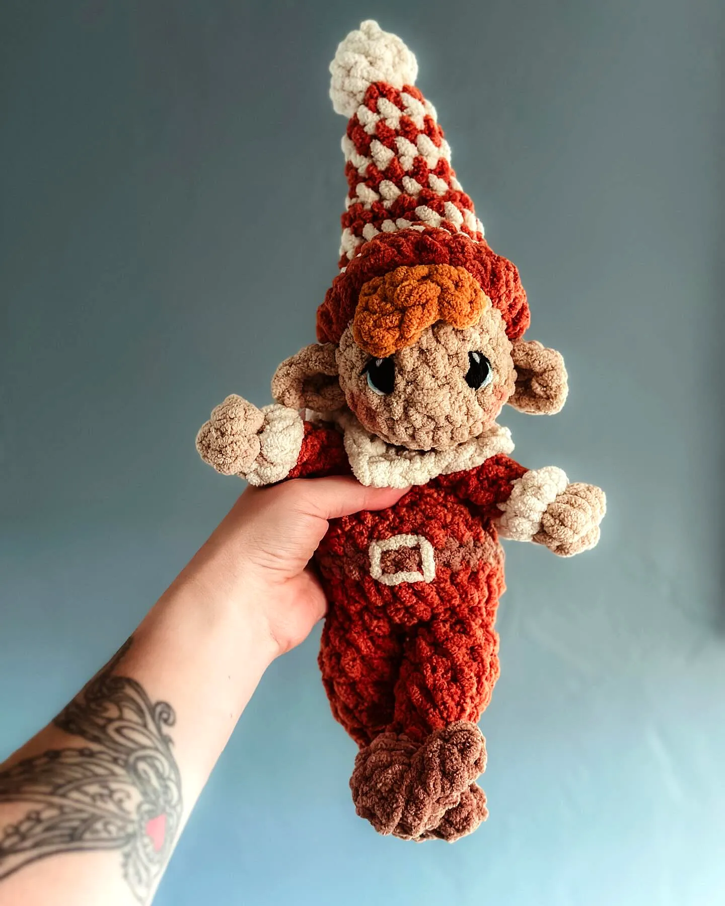 Adorable Crochet Elf in Red and White Checkered Style