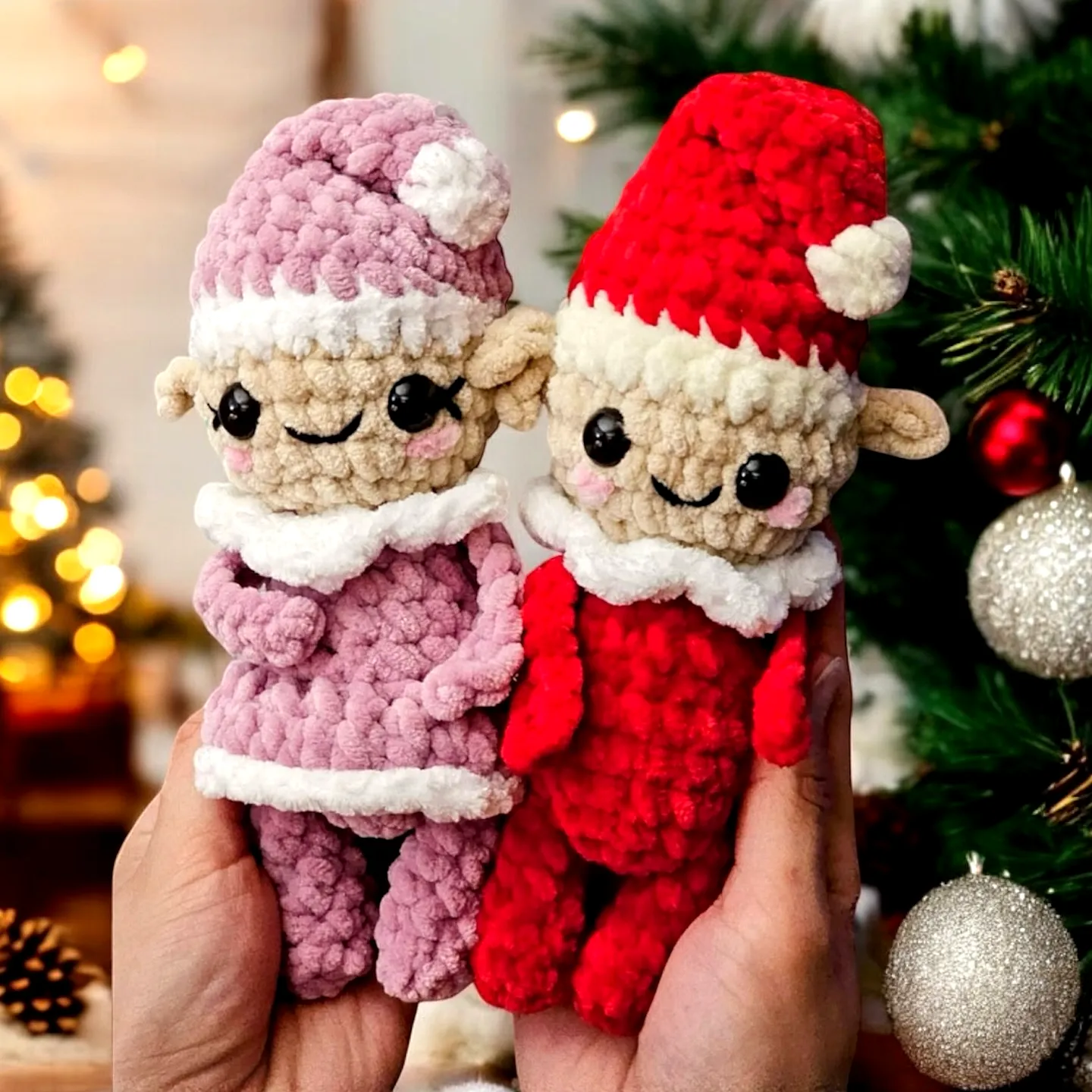 Adorable Crochet Elf in Soft Pink and Bright Red