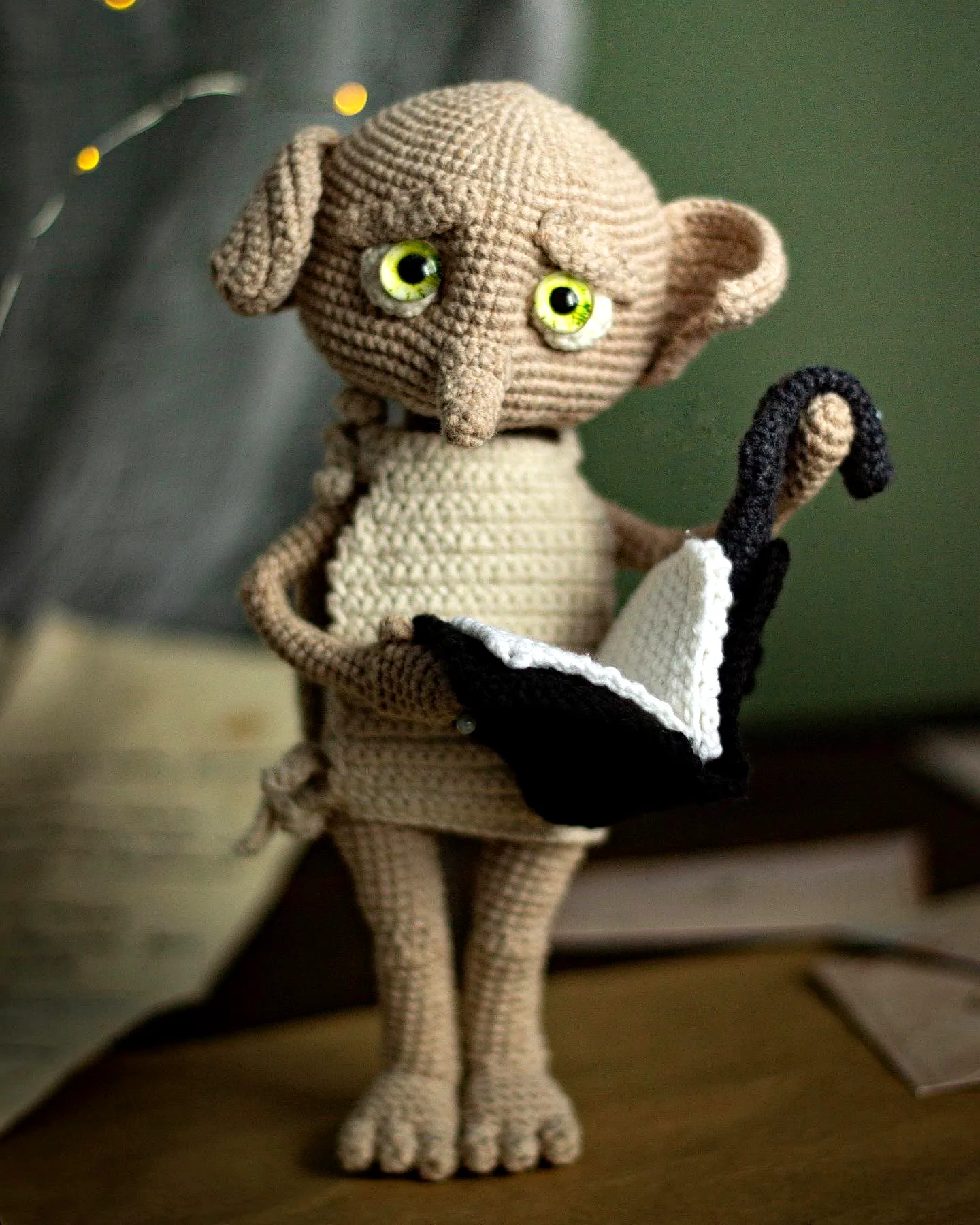 Adorable Crochet Elf Plush Toy in Beige and Black with Outfit