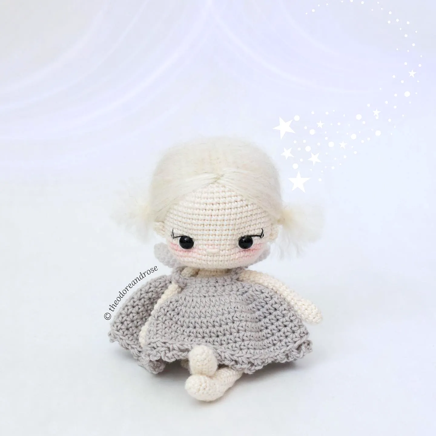 Adorable Crochet Fairy in Light Grey Dress with Starry Elements