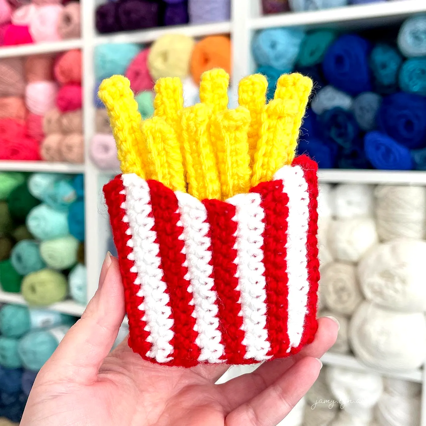Adorable Crochet Fries in Vibrant Yellow and Striped Container